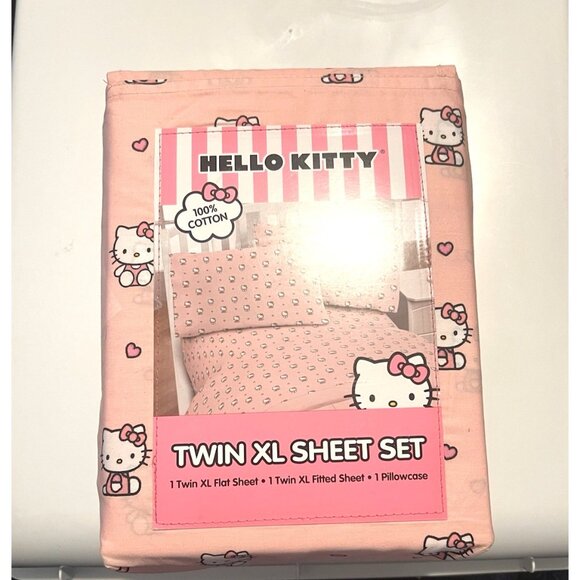 NWT SANRIO HELLO KITTY Twin X-Long Sheet Set w/ Pink Bows & Hearts 100% Cotton - Picture 6 of 9
